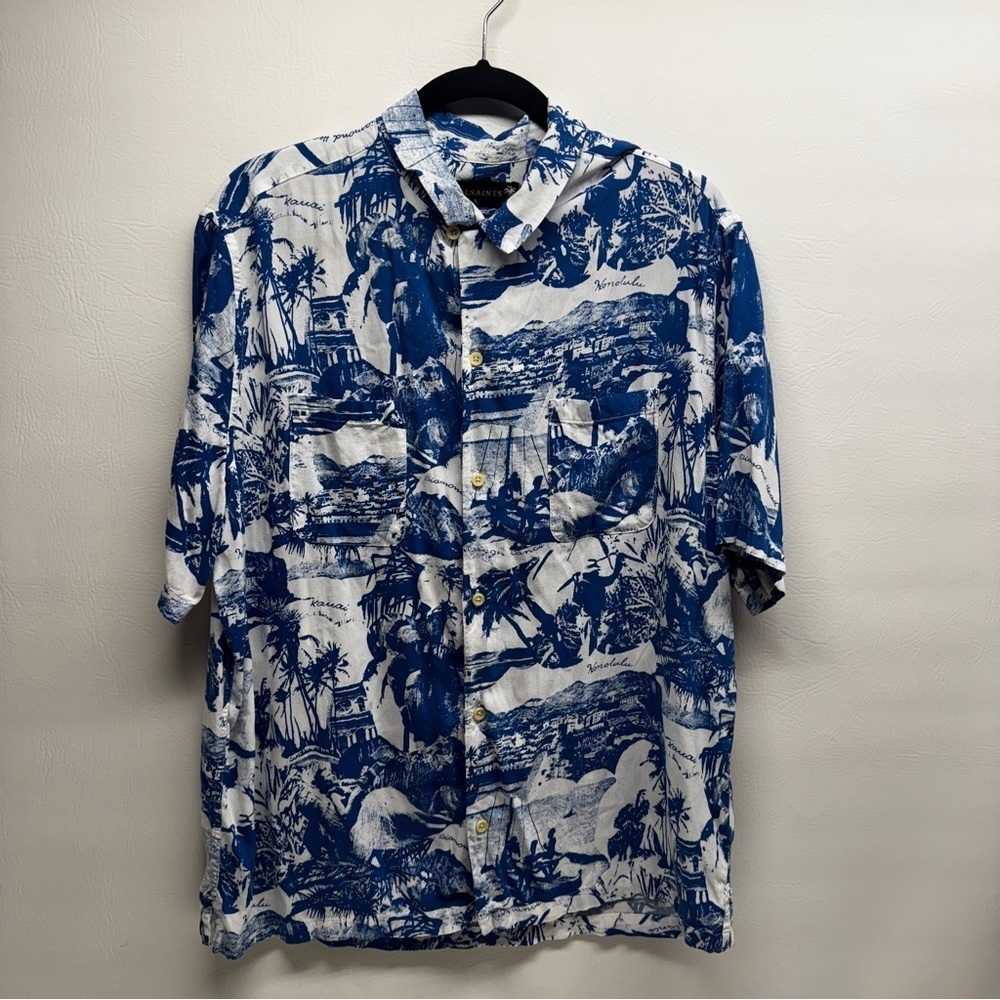 ALLSAINTS Relaxed fit Island Blue and White Graphic Men's short sleeve Shirt